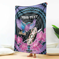 Personalized roller blanket with teal geometric border, purple orchids, bird, 'YOUR TEXT'