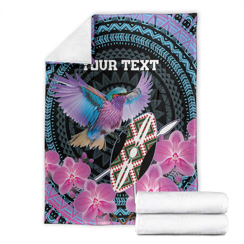 Personalized roller blanket, folded design with purple orchids and bird, 'YOUR TEXT' teal border