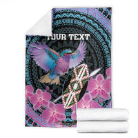 Personalized roller blanket, folded design with purple orchids and bird, 'YOUR TEXT' teal border