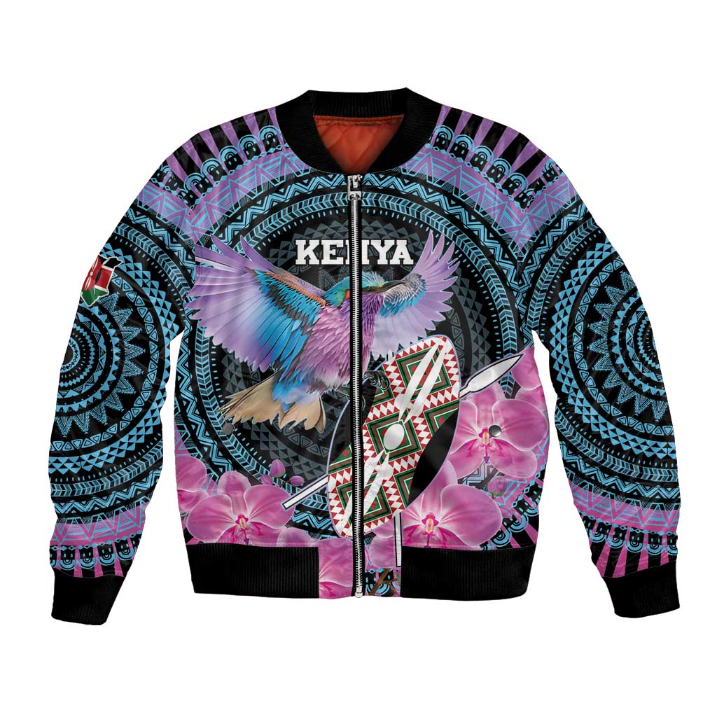 Zip-up bomber jacket with cyan geometric patterns, orchids, and central bird artwork