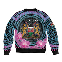 Zip-up bomber jacket with cyan geometric print, orchid flowers, and lion crest graphic