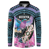 Personalized Kenya roller-button sweatshirt: bird, shield and orchids on dark teal pattern