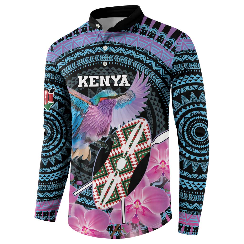 Personalized Kenya roller-button sweatshirt front with Kenya text, bird and shield, orchid