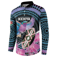 Personalized Kenya roller-button sweatshirt front with Kenya text, bird and shield, orchid