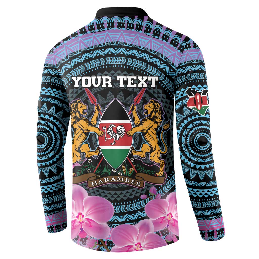 Personalized Kenya roller-button sweatshirt back: YOUR TEXT over shield with lions and orchids