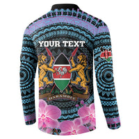 Personalized Kenya roller-button sweatshirt back: YOUR TEXT over shield with lions and orchids
