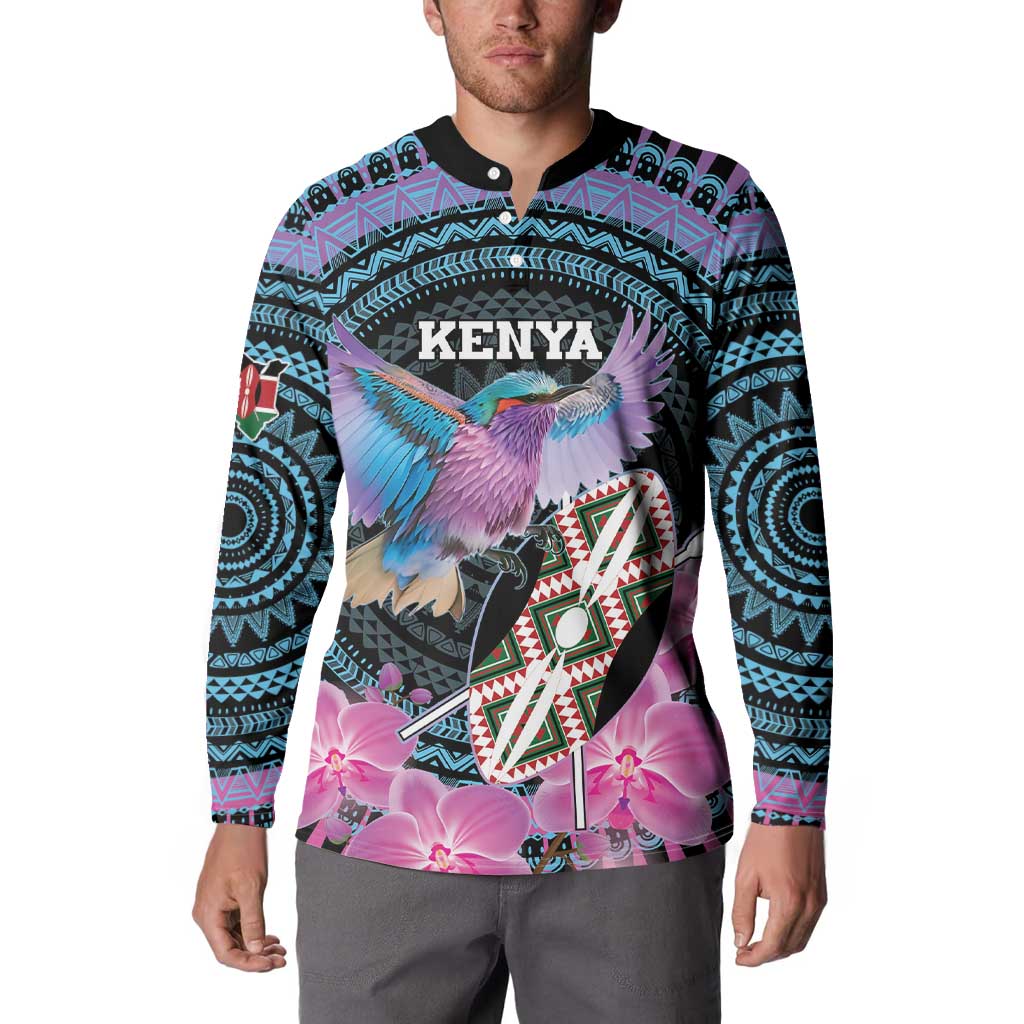 Personalized Kenya roller-button sweatshirt on model: bird and Kenya shield with orchid flowers