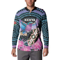 Personalized Kenya roller-button sweatshirt on model: bird and Kenya shield with orchid flowers