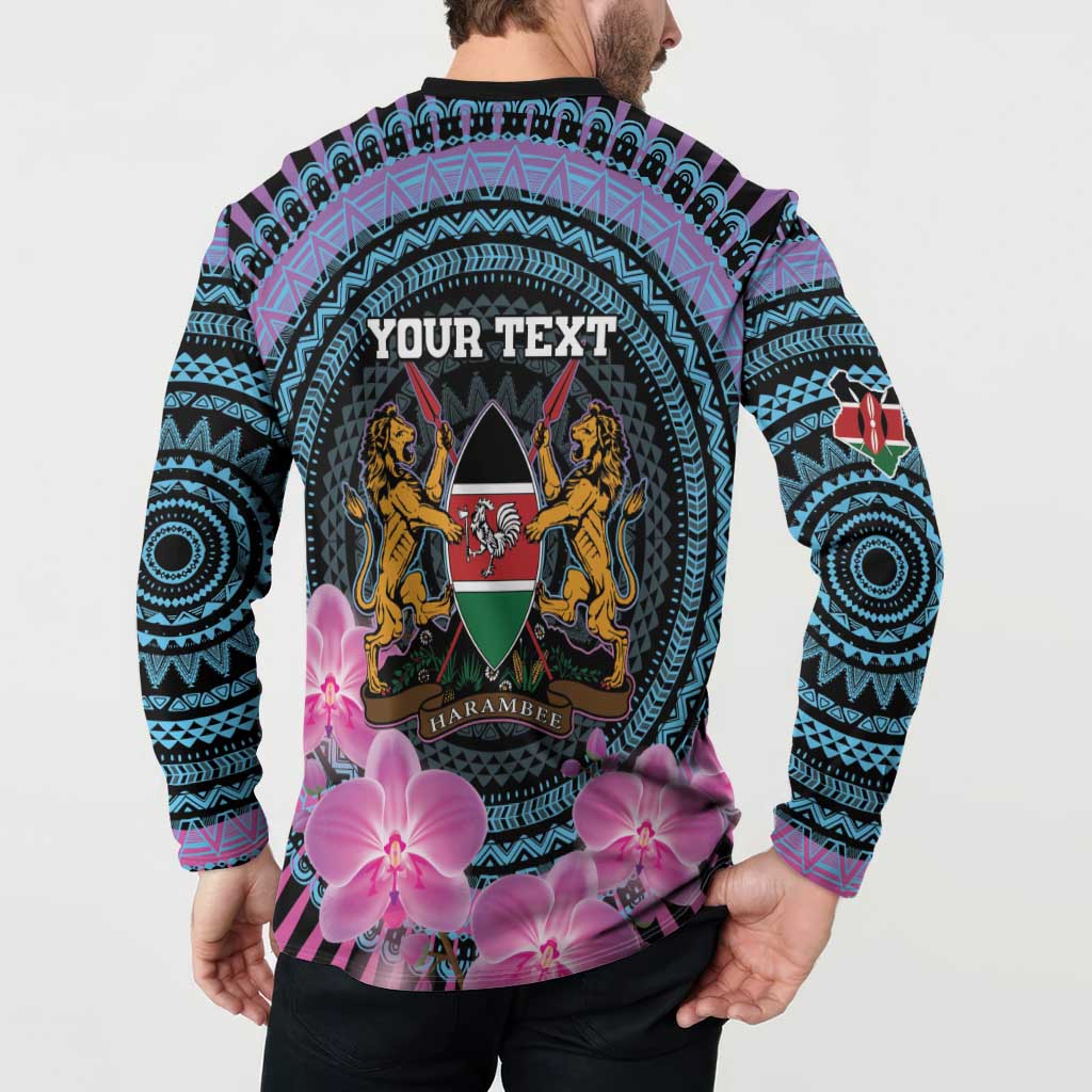 Personalized Kenya roller-button sweatshirt back close: YOUR TEXT, Harambe shield, orchids