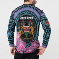 Personalized Kenya roller-button sweatshirt back close: YOUR TEXT, Harambe shield, orchids