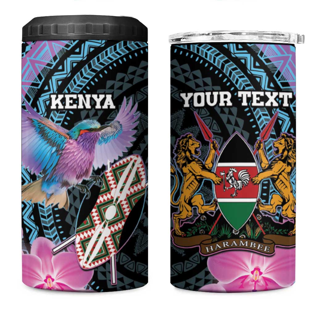 Personalised Kenya Lilac Breasted Roller 4 in 1 Can Cooler Tumbler Mix Maasai Shield With Orchid Flower - Wonder Print Shop