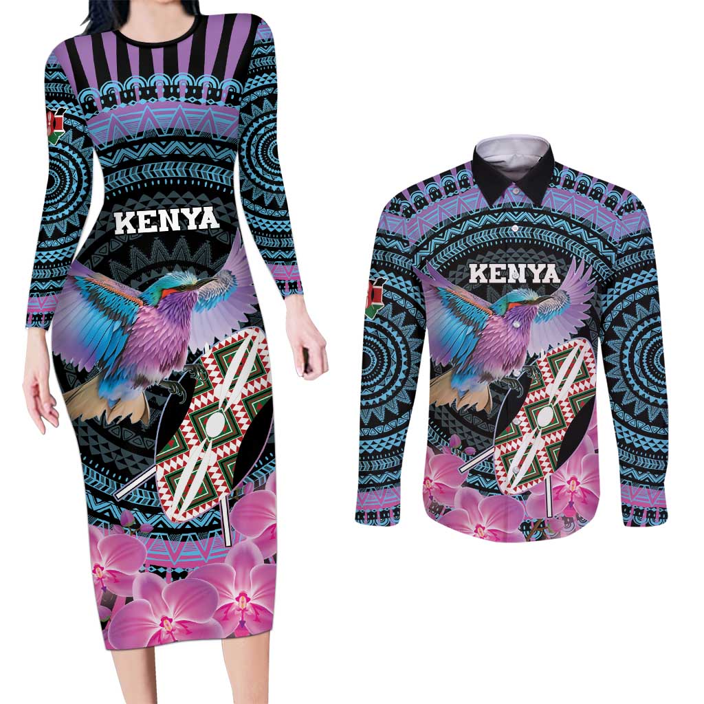 Personalised Kenya Lilac Breasted Roller Couples Matching Long Sleeve Bodycon Dress and Long Sleeve Button Shirt Mix Maasai Shield With Orchid Flower - Wonder Print Shop