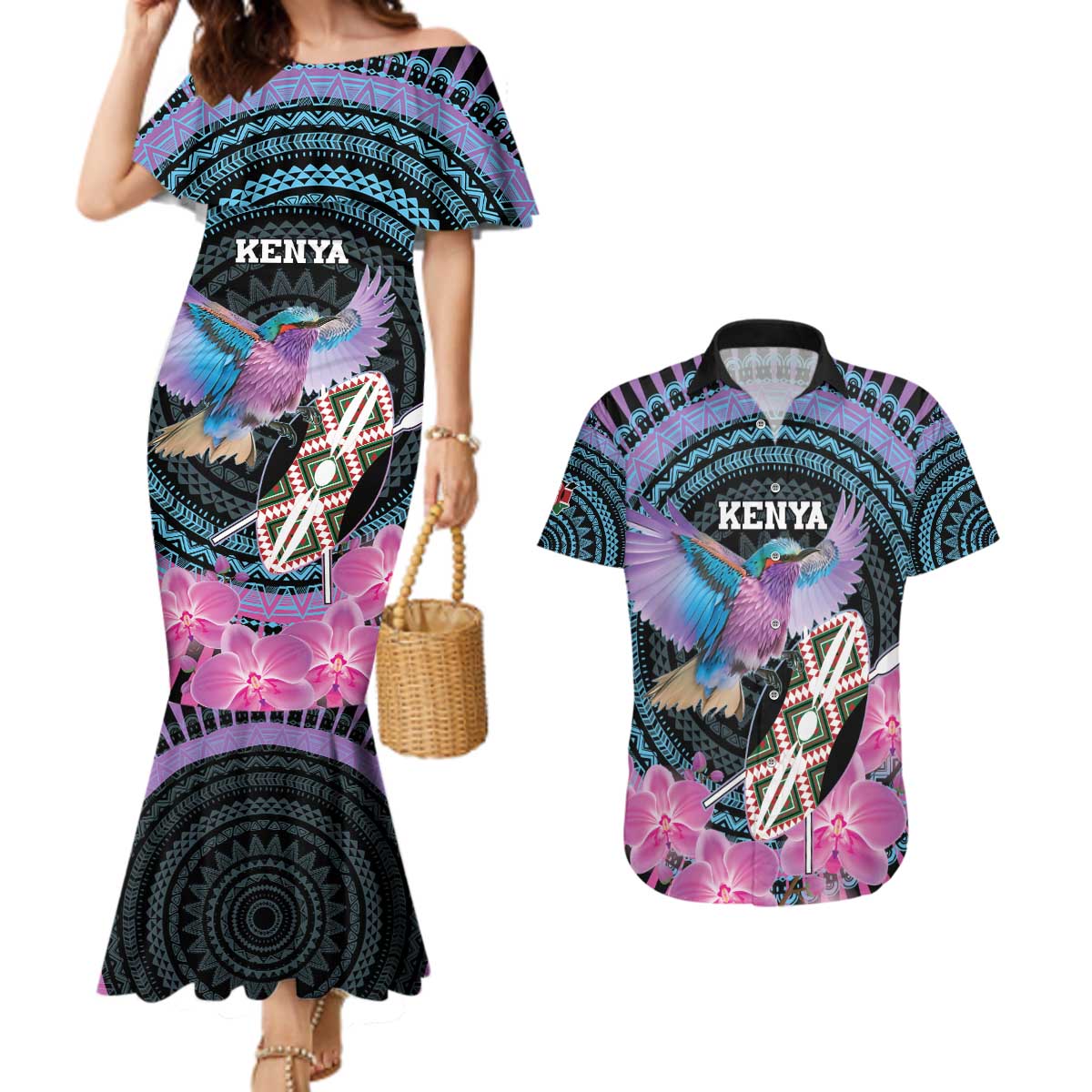 Personalised Kenya Lilac Breasted Roller Couples Matching Mermaid Dress and Hawaiian Shirt Mix Maasai Shield With Orchid Flower - Wonder Print Shop