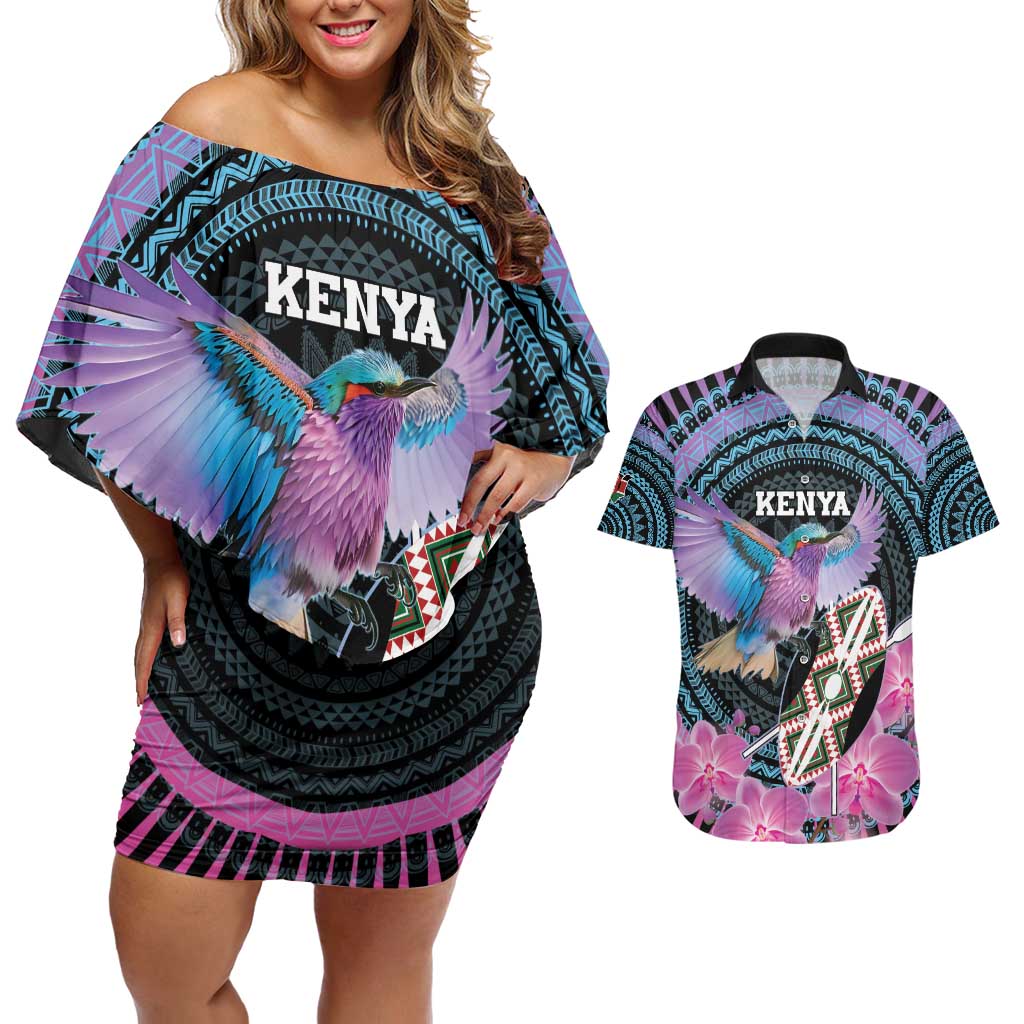 Personalised Kenya Lilac Breasted Roller Couples Matching Off Shoulder Short Dress and Hawaiian Shirt Mix Maasai Shield With Orchid Flower - Wonder Print Shop