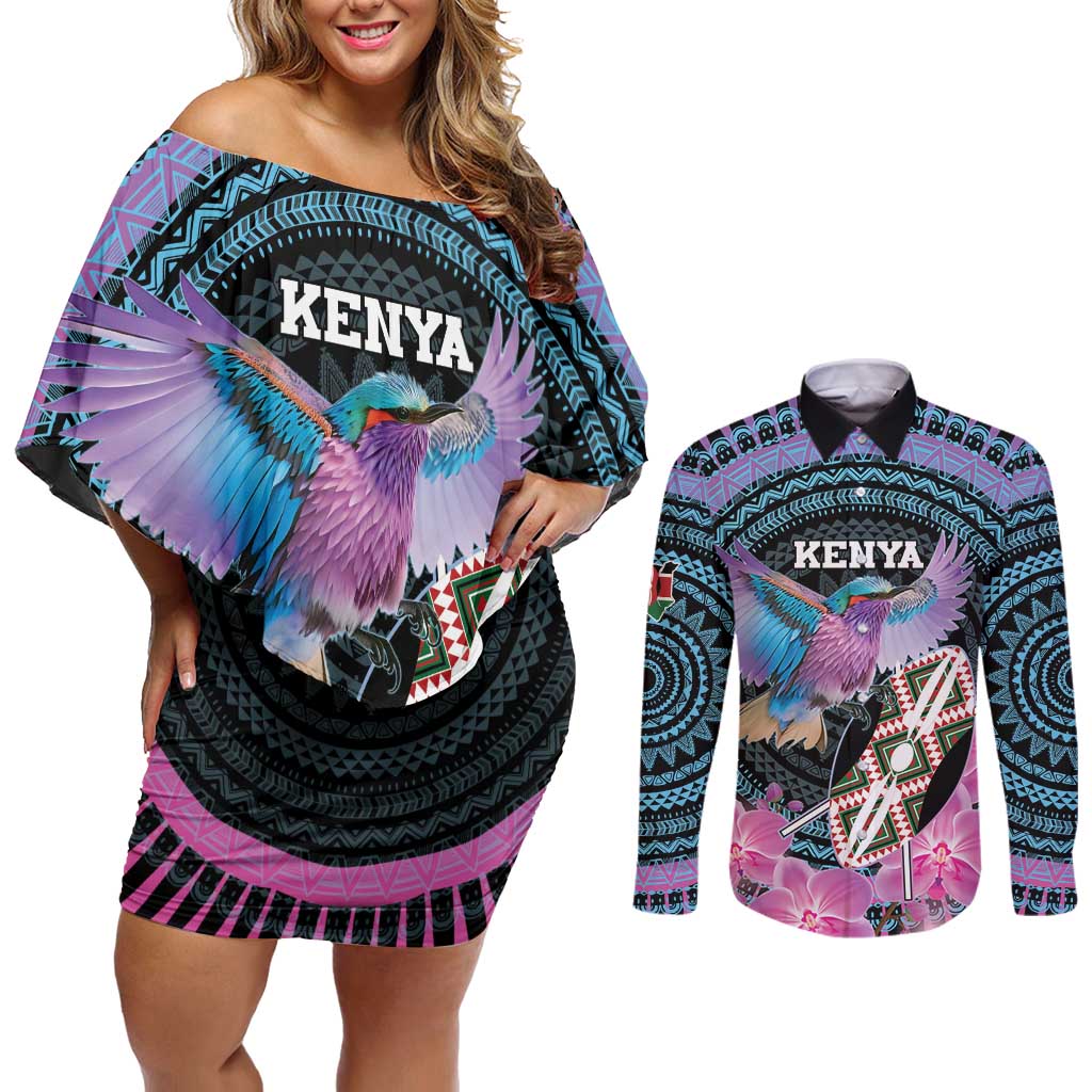 Personalised Kenya Lilac Breasted Roller Couples Matching Off Shoulder Short Dress and Long Sleeve Button Shirt Mix Maasai Shield With Orchid Flower - Wonder Print Shop