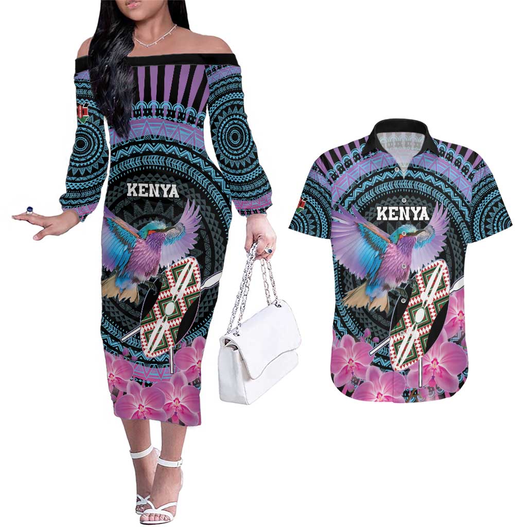 Personalised Kenya Lilac Breasted Roller Couples Matching Off The Shoulder Long Sleeve Dress and Hawaiian Shirt Mix Maasai Shield With Orchid Flower - Wonder Print Shop