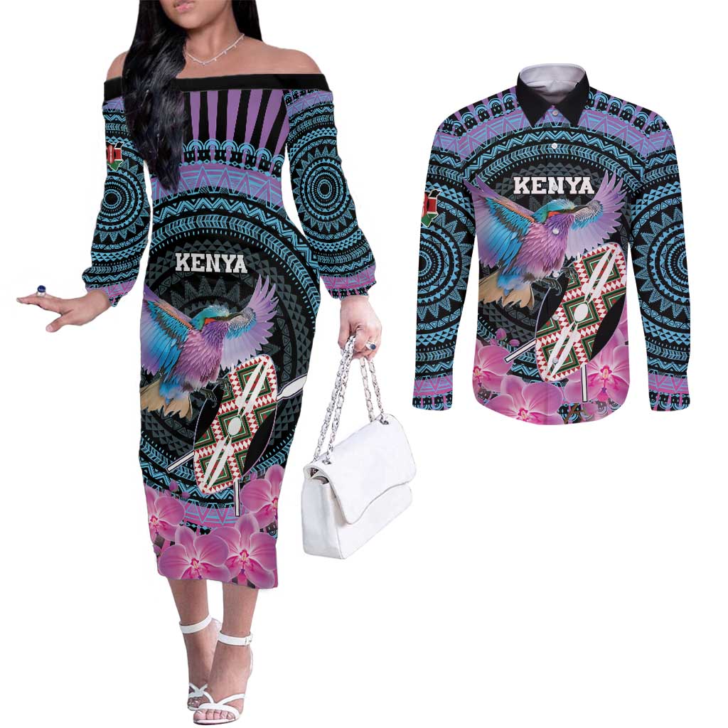 Personalised Kenya Lilac Breasted Roller Couples Matching Off The Shoulder Long Sleeve Dress and Long Sleeve Button Shirt Mix Maasai Shield With Orchid Flower