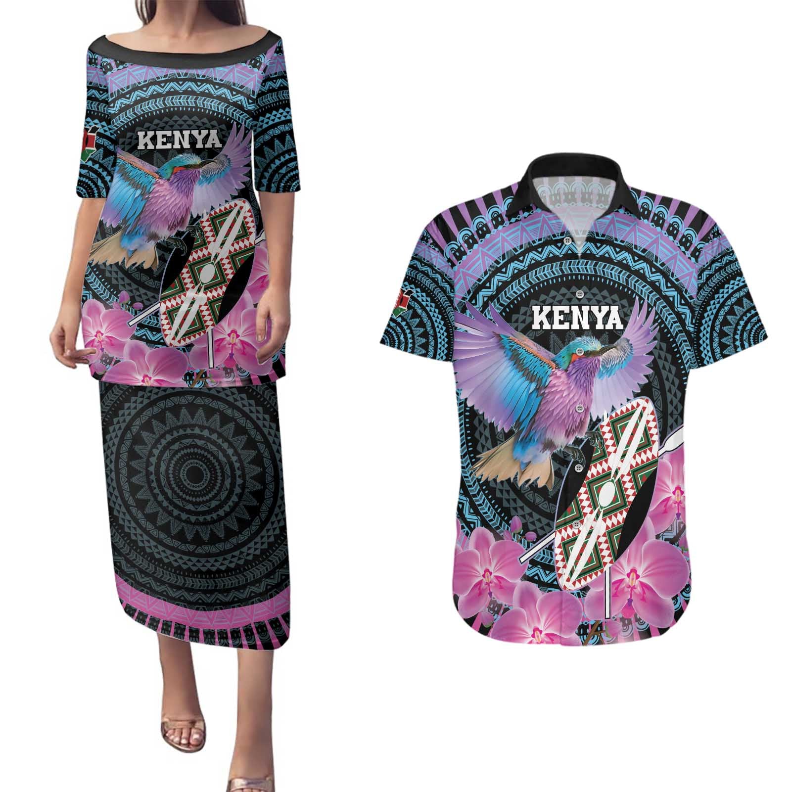 Personalised Kenya Lilac Breasted Roller Couples Matching Puletasi and Hawaiian Shirt Mix Maasai Shield With Orchid Flower - Wonder Print Shop