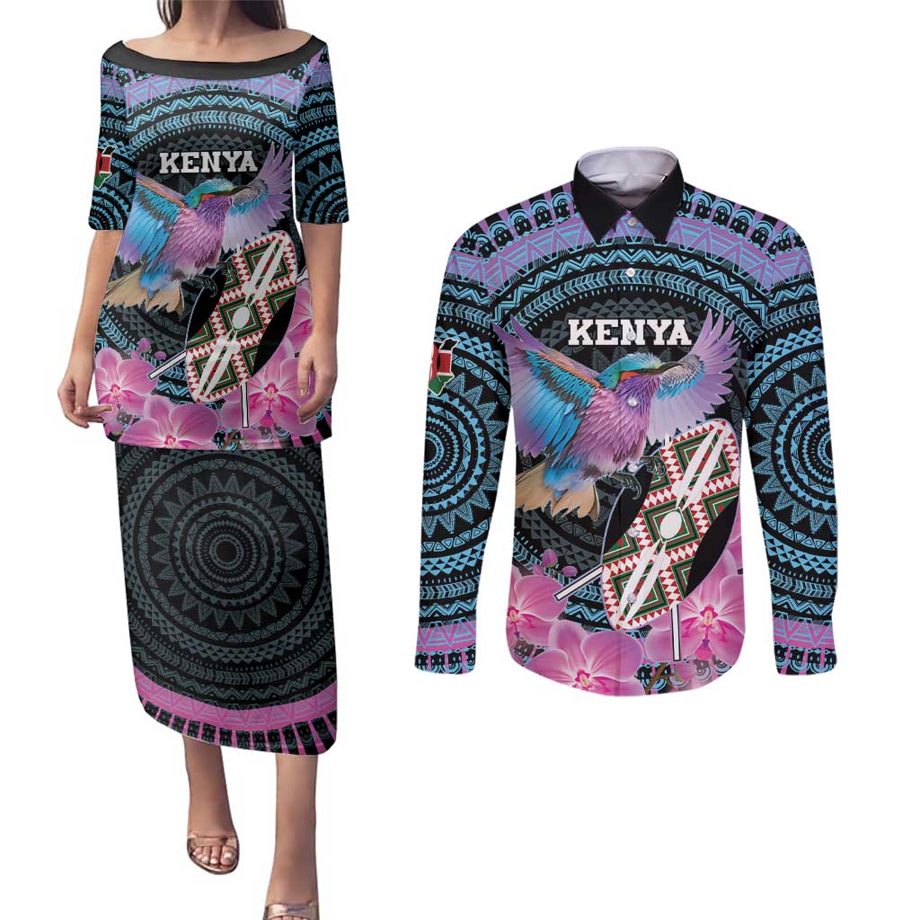 Personalised Kenya Lilac Breasted Roller Couples Matching Puletasi and Long Sleeve Button Shirt Mix Maasai Shield With Orchid Flower - Wonder Print Shop