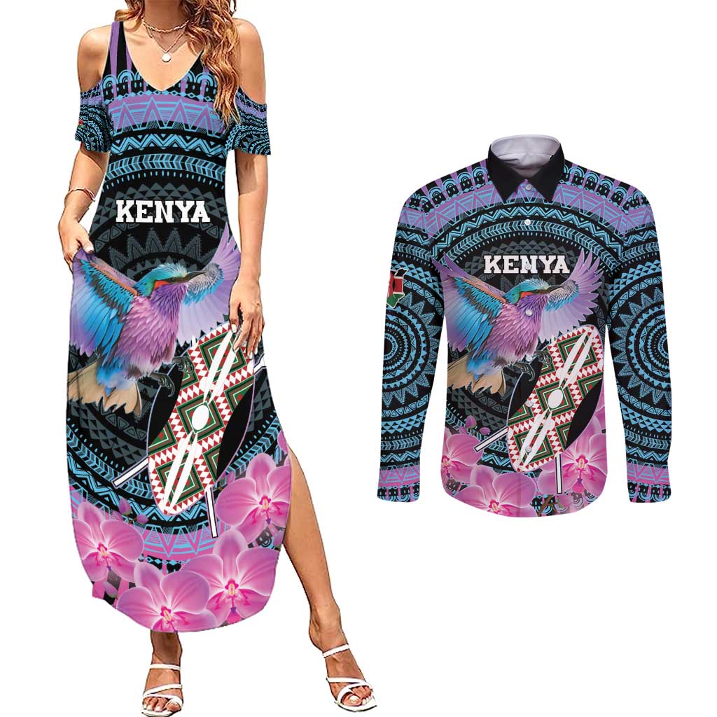 Personalised Kenya Lilac Breasted Roller Couples Matching Summer Maxi Dress and Long Sleeve Button Shirt Mix Maasai Shield With Orchid Flower - Wonder Print Shop