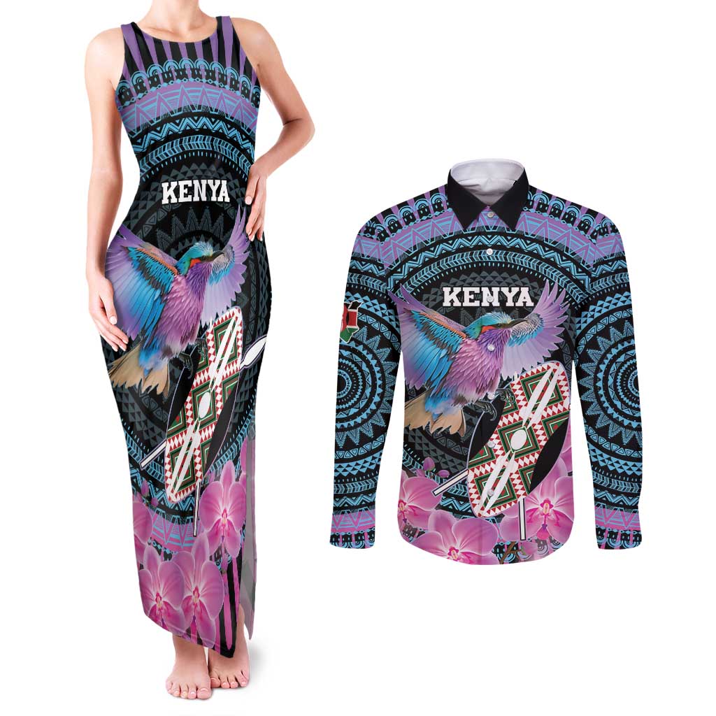 Personalised Kenya Lilac Breasted Roller Couples Matching Tank Maxi Dress and Long Sleeve Button Shirt Mix Maasai Shield With Orchid Flower - Wonder Print Shop