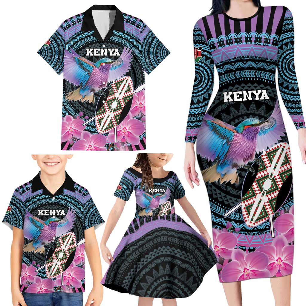 Personalised Kenya Lilac Breasted Roller Family Matching Long Sleeve Bodycon Dress and Hawaiian Shirt Mix Maasai Shield With Orchid Flower - Wonder Print Shop