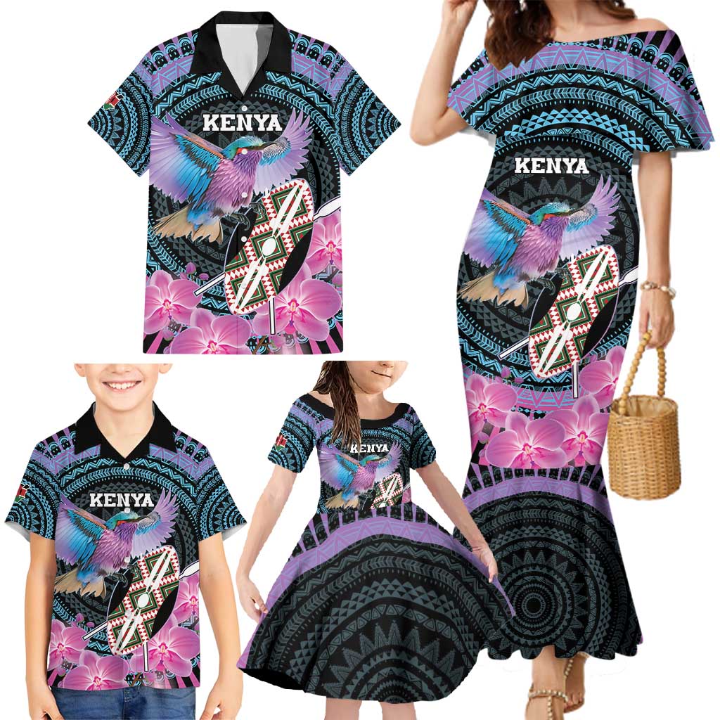 Personalised Kenya Lilac Breasted Roller Family Matching Mermaid Dress and Hawaiian Shirt Mix Maasai Shield With Orchid Flower - Wonder Print Shop