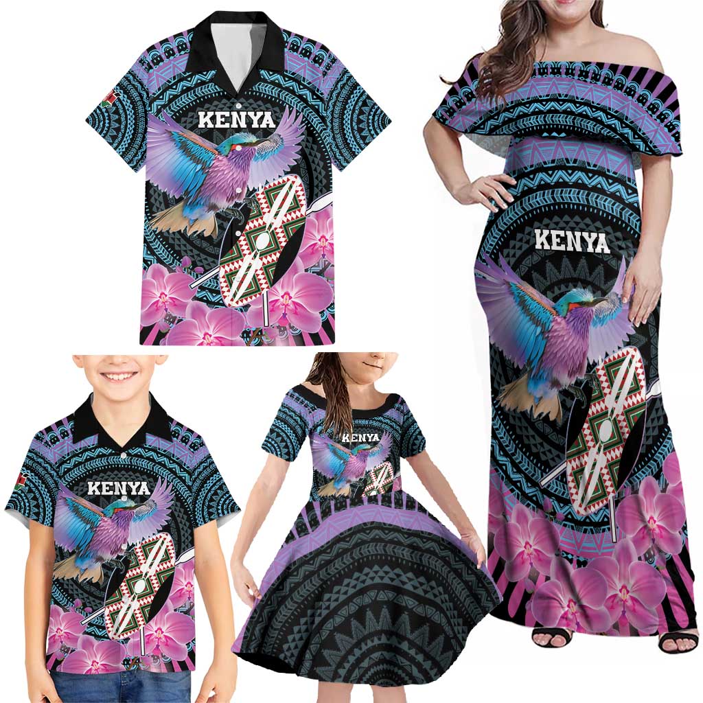 Personalised Kenya Lilac Breasted Roller Family Matching Off Shoulder Maxi Dress and Hawaiian Shirt Mix Maasai Shield With Orchid Flower - Wonder Print Shop