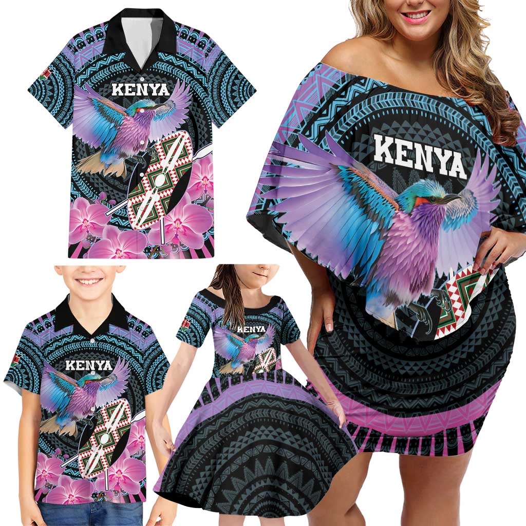 Personalised Kenya Lilac Breasted Roller Family Matching Off Shoulder Short Dress and Hawaiian Shirt Mix Maasai Shield With Orchid Flower - Wonder Print Shop