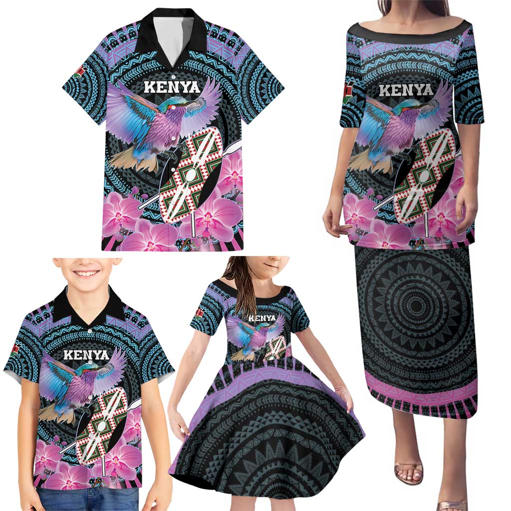 Personalised Kenya Lilac Breasted Roller Family Matching Puletasi and Hawaiian Shirt Mix Maasai Shield With Orchid Flower - Wonder Print Shop