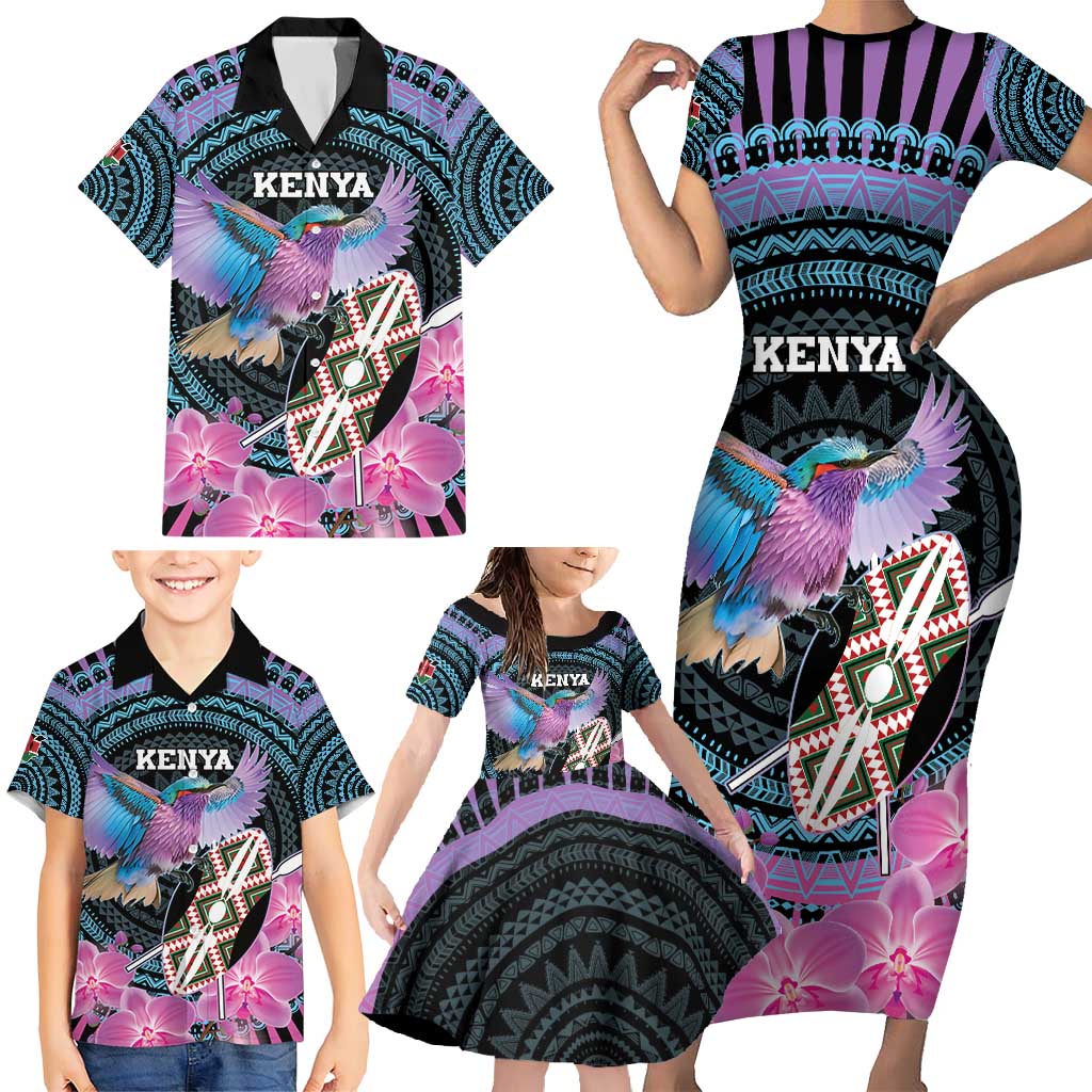 Personalised Kenya Lilac Breasted Roller Family Matching Short Sleeve Bodycon Dress and Hawaiian Shirt Mix Maasai Shield With Orchid Flower - Wonder Print Shop