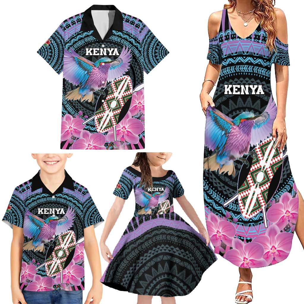 Personalised Kenya Lilac Breasted Roller Family Matching Summer Maxi Dress and Hawaiian Shirt Mix Maasai Shield With Orchid Flower - Wonder Print Shop