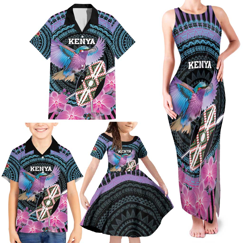 Personalised Kenya Lilac Breasted Roller Family Matching Tank Maxi Dress and Hawaiian Shirt Mix Maasai Shield With Orchid Flower - Wonder Print Shop