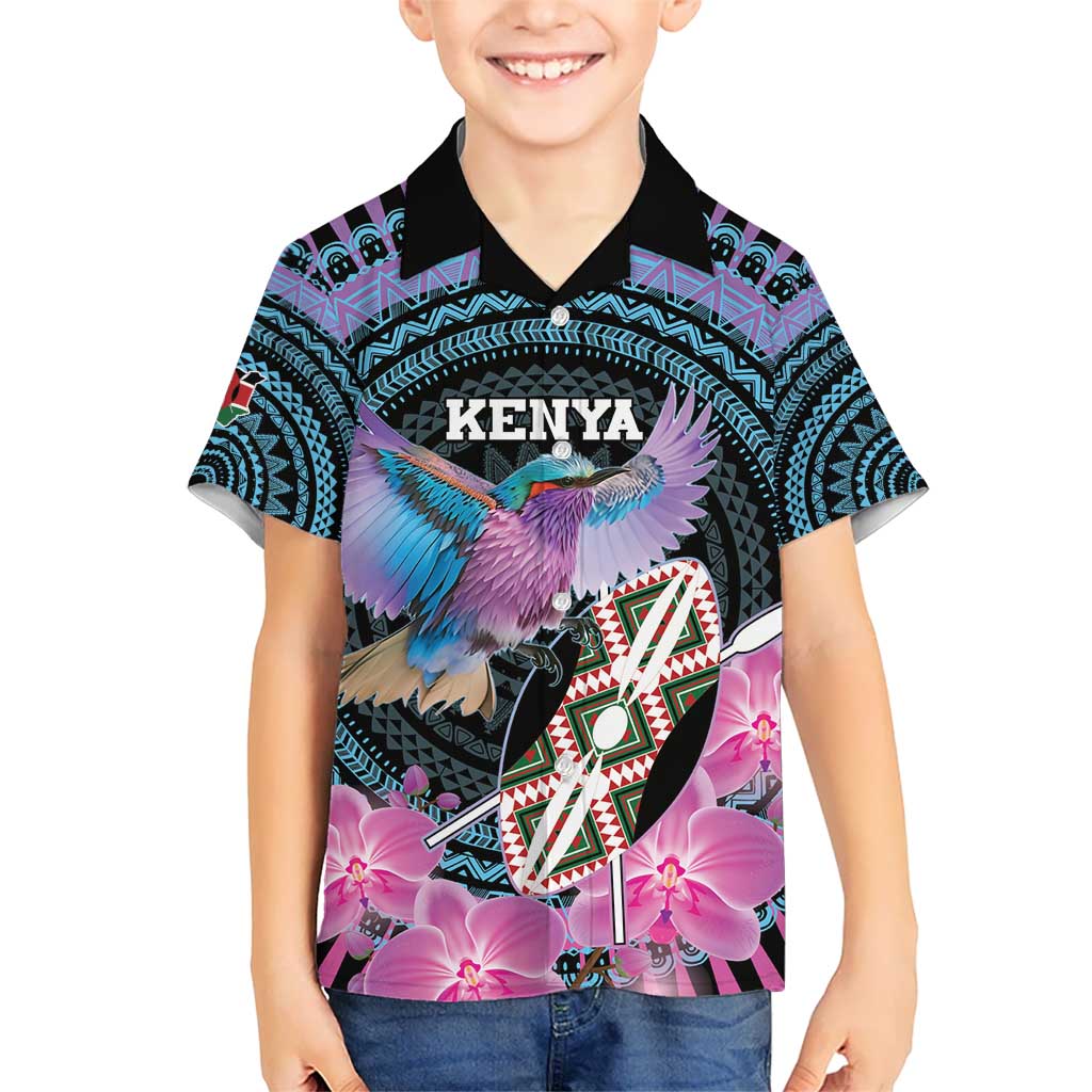 Personalised Kenya Lilac Breasted Roller Kid Hawaiian Shirt Mix Maasai Shield With Orchid Flower - Wonder Print Shop