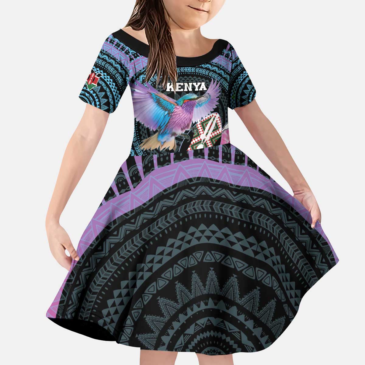 Personalised Kenya Lilac Breasted Roller Kid Short Sleeve Dress Mix Maasai Shield With Orchid Flower - Wonder Print Shop