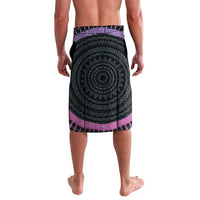 Knee-length printed shorts, dark circular mandala pattern with pink border