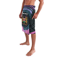 Knee-length printed shorts, side view tribal shield graphic with orchid flower