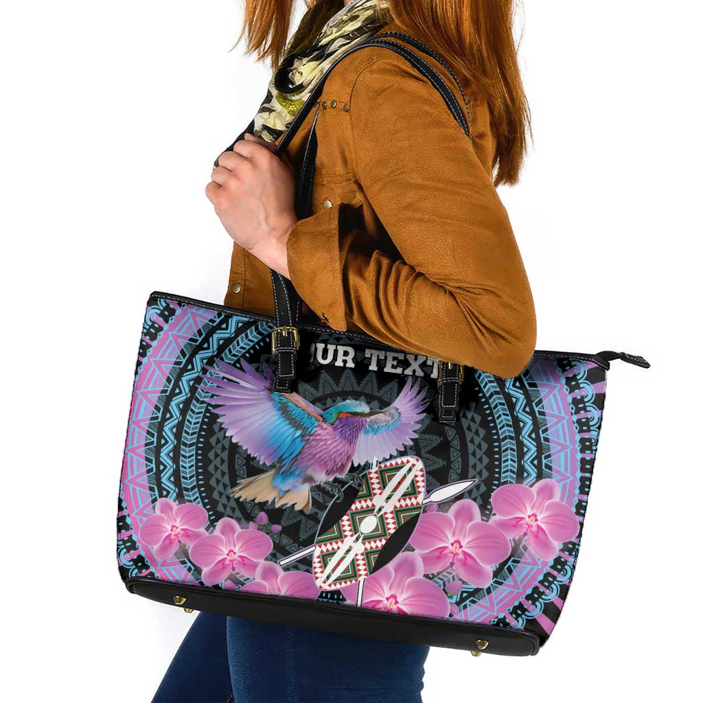 Personalised Kenya Lilac Breasted Roller Leather Tote Bag Mix Maasai Shield With Orchid Flower - Wonder Print Shop