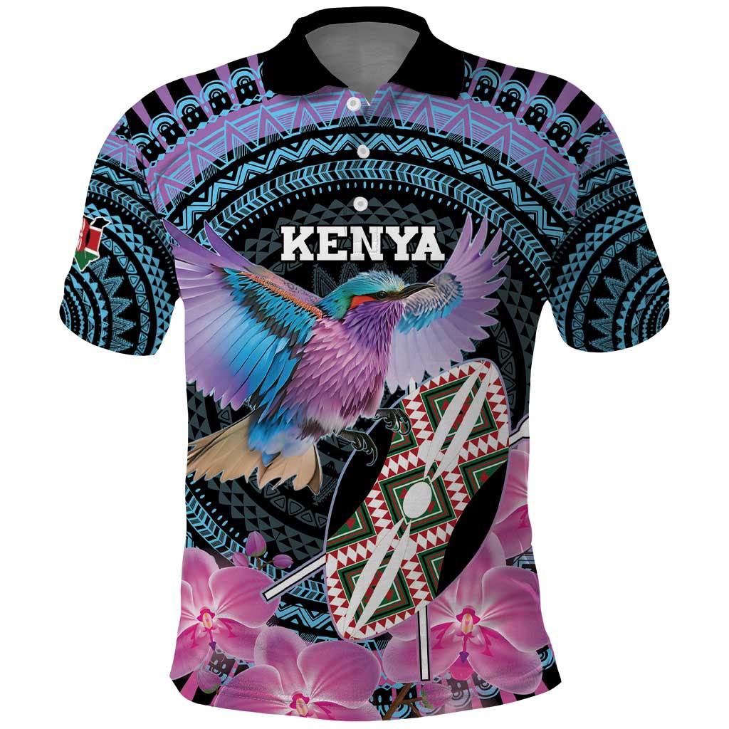 Personalised Kenya Lilac Breasted Roller Polo Shirt Mix Maasai Shield With Orchid Flower - Wonder Print Shop