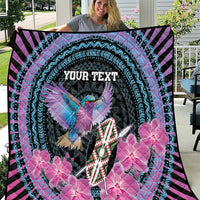 Personalized roller quilt with black, purple, turquoise patterns, bird, pink flowers, “YOUR TEXT”