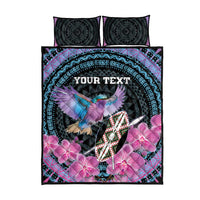 Black quilt bed set with center bird and orchid flowers, Maasai shield, two pillows