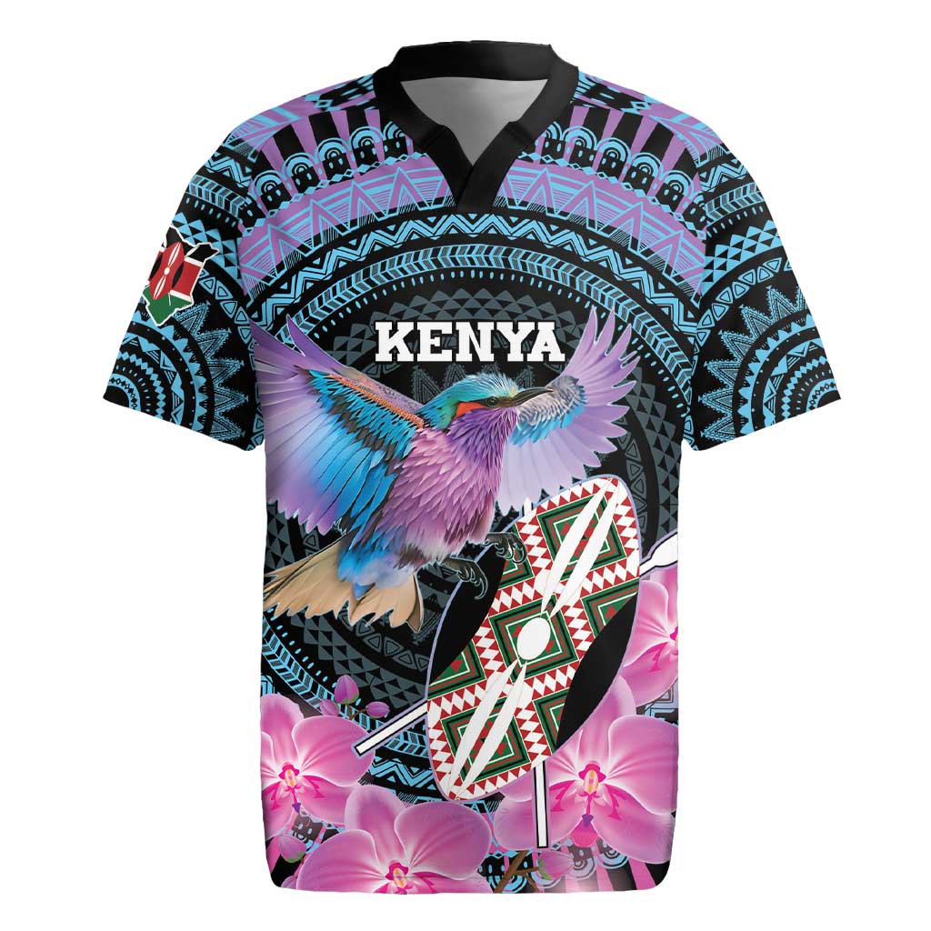 Personalised Kenya Lilac Breasted Roller Rugby Jersey Mix Maasai Shield With Orchid Flower - Wonder Print Shop