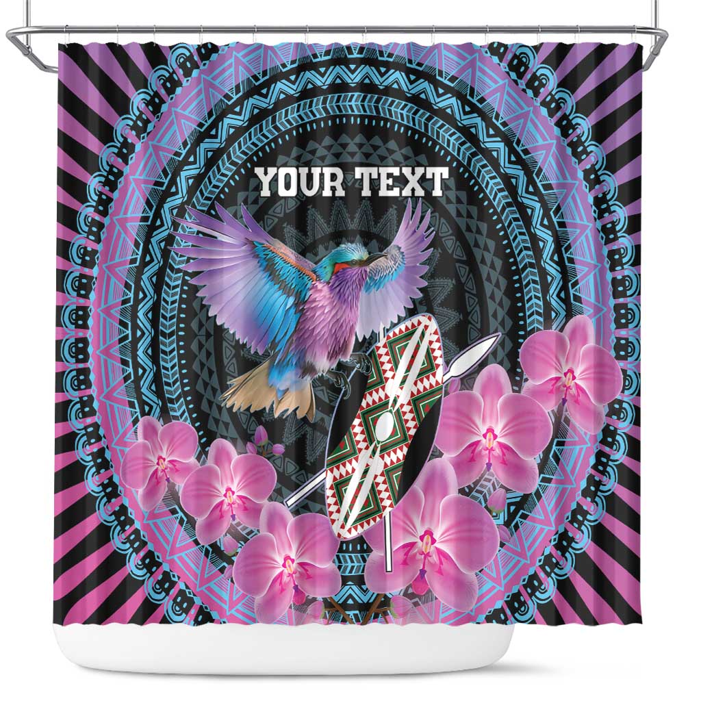 Personalised Kenya Lilac Breasted Roller Shower Curtain Mix Maasai Shield With Orchid Flower