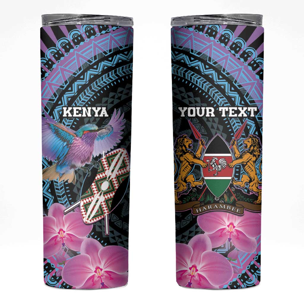 Personalised Kenya Lilac Breasted Roller Skinny Tumbler Mix Maasai Shield With Orchid Flower - Wonder Print Shop