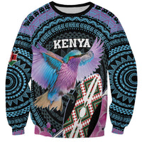 Unisex crewneck sweatshirt in cyan and purple with 'KENYA' graphic and long sleeves
