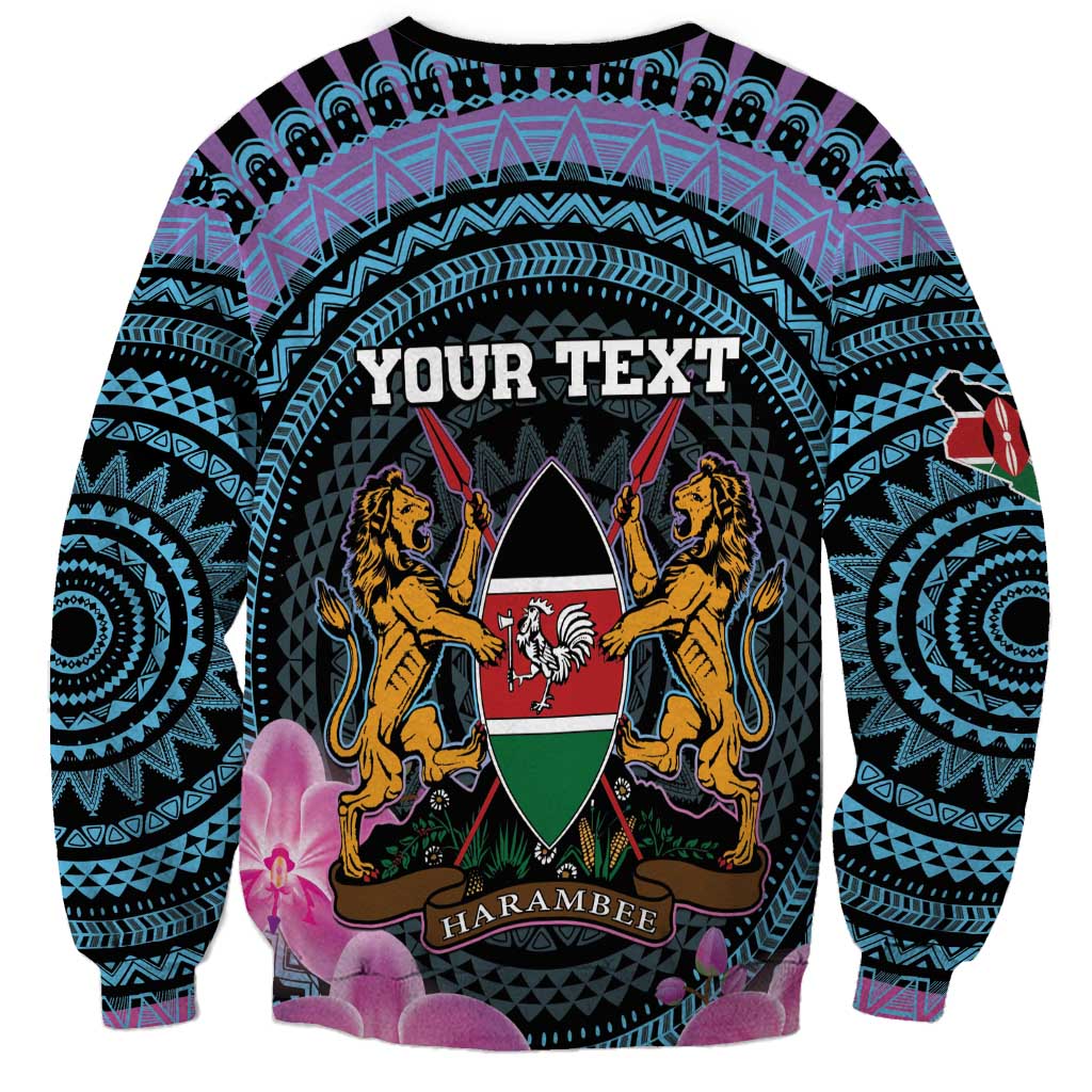 Unisex crewneck sweatshirt in cyan and purple with 'YOUR TEXT' shield graphic and long sleeves