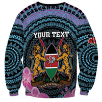 Unisex crewneck sweatshirt in cyan and purple with 'YOUR TEXT' shield graphic and long sleeves