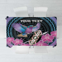 Personalized tablecloth with geometric bird and orchid floral, purple and cyan