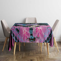 Square dining tablecloth with orchid floral and geometric bands, purple cyan black
