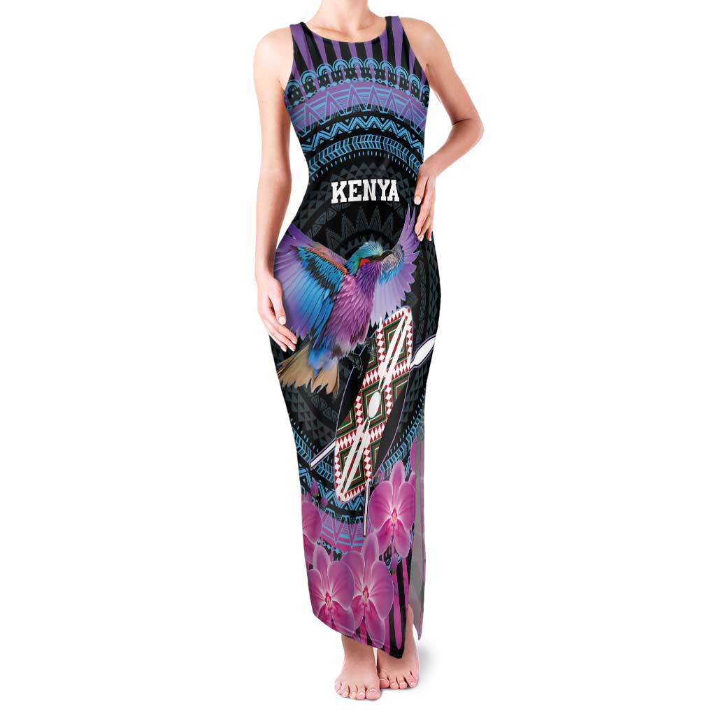 Personalised Kenya Lilac Breasted Roller Tank Maxi Dress Mix Maasai Shield With Orchid Flower - Wonder Print Shop